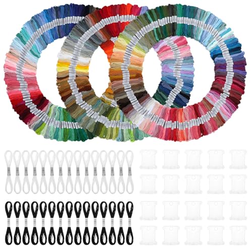 Image of 447 Skeins Embroidery Floss 30 Skeins White & Black Cross Stitch Threads Rainbow Color Embroidery Thread with 20 Pieces Floss Bobbins