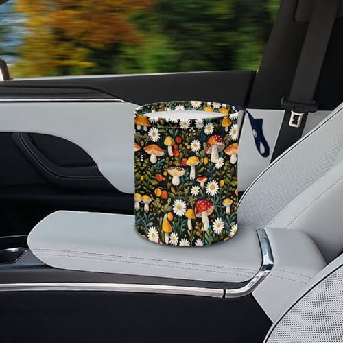 Image of Hanging Portable Car Mushroom Flower Leaf Print Multipurpose Car Accessories Interior Universal Collapsible Back Seat, Front Console, Floor, or Hanging Headrest Waste Basket
