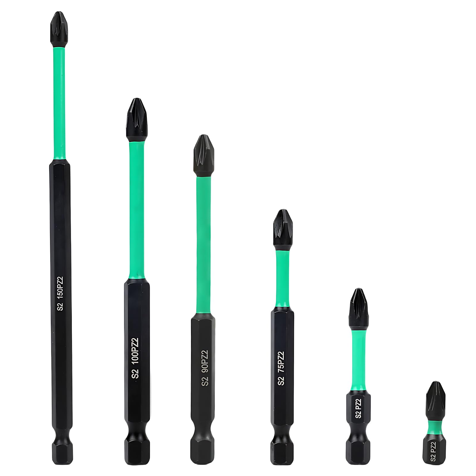 6 Pcs PZ2 Screwdriver Bit Set, 25L 50L 75L 90L 100L 150L Impact Driver Bits, Durable S2 Steel Magnetic Drill Bits with 1/4" Hex Shank for Power Tools