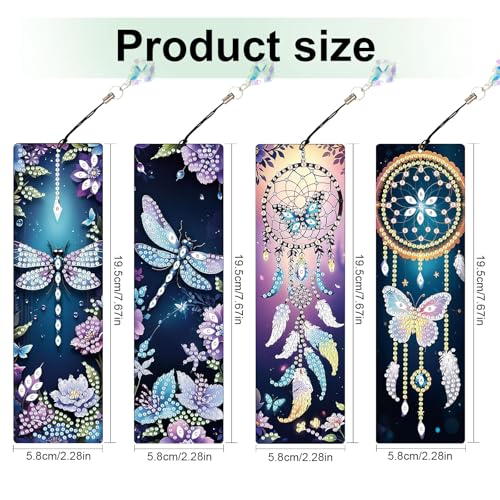 Image of 4 Pack Diamond Painting Bookmarks, 5D Dreamcatcher Butterfly Dragonfly Diamond Art Bookmark Kit with Tassels, DIY Beaded Rhinestone Book Mark Craft for Adults Beginners Reading Gift