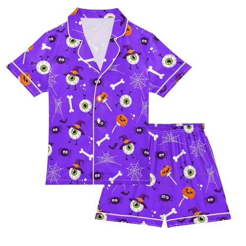 Satin Pajama Sets Short Sleeve Halloween Eyes Spiders Webs Bones Button Down Silky Nightwear 2 Piece PJS 5-14Y