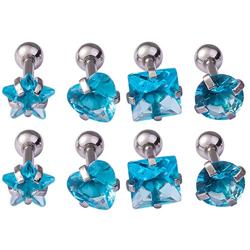 LIZD Jewelry A Set of 4 Pairs Of Zircon Ear Studs Cartilage Tragus Earring Piercing Stainless Steel Studs Piercing Body Jewelry(Aqua)