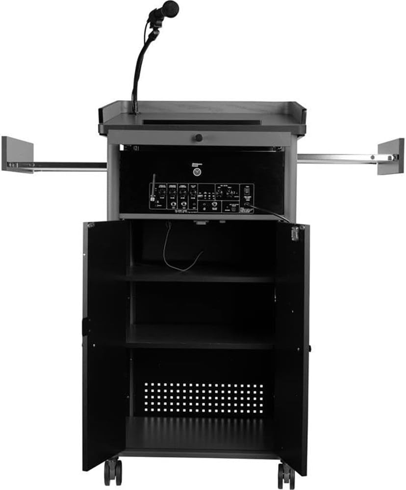 Pemberly Row Sound Lectern, Modern Metal Multimedia Podium with Storage Shelves, Keyboard Tray & Casters, Charcoal