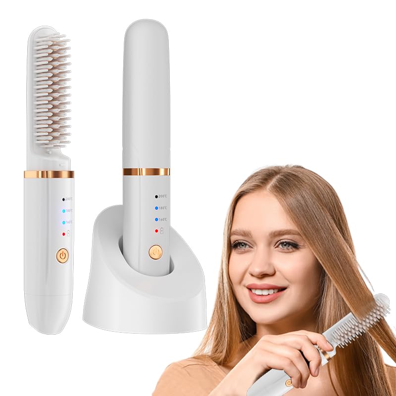 HDeye Mini alisador inalámbrico, peine de pelo largo, plancha de barba para hombres, portátil/recargable, 3 temperaturas ajustables, blanco