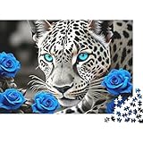 Rompecabezas de Papel 1000 Piezas Leopardo Flores para Adultos Juego Educativo Puzzle de Pantera Rosa Azul decoración Pared Relax 38x26cm/1000pcs