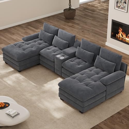 OUYESSIR 134" Oversized Grey Sectional Couches for Living Room,Fluffy Couch with Chaise Lounge&Tufted Buttons, U Shaped Living Room Sofa Set Furniture,Chenille 6 Seater Couch with Storage Console