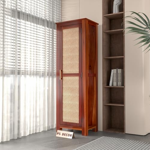 Image of PS DECOR Solid Sheesham Wood Kitchen Pantry Cabinet with Cane Rattan Door | Modern Wooden Storage Cabinet for Kitchen, Dining Room & Home Organization | Tall Utility Cupboard (Honey Finish)