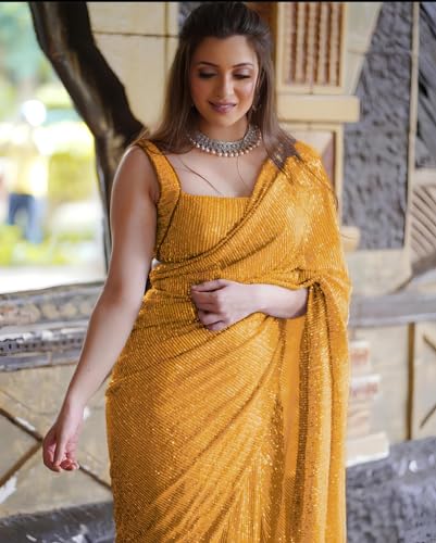 Image of Women's Bollywood Heavy Sequins Embroidery Work Georgette Saree with Unstitched Blouse