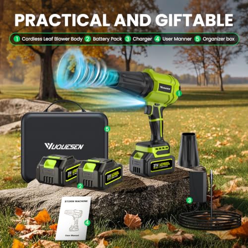 Image of Cordless Leaf Blower, 900,000 RPM, 2 Batteries, Charger and 2 Nozzles Included, for Garden, Patio, Car, Snow and Dust, Bright Green