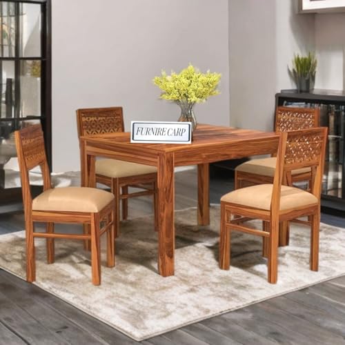 Image of Solid Sheesham Wood 4 Seater Dining Table Set with Cushioned Chairs for Dining Room | Living Room | Home & Office | Hotels Restaurant & Cafe (4 Seater, Honey Finish D)