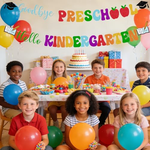 Image of Preschool Graduation Decorations Banner - Pre-Strung Glitter Goodbye Preschool Hello Kindergarten Garland for Pre K Grad Children Graduate Party Decor