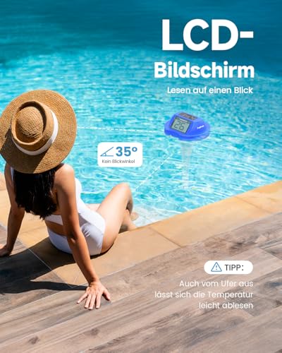PoolPrime Pool Thermometer mit Doppelbildschirm, leicht ablesbar, Poolthermometer Schwimmend mit digitaler Anzeige, IPX7 wasserdicht für Hot Tubs, Cold Tubs und Schwimmbäder. (Darkblue)
