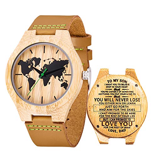 Reloj de Madera Cuero, MUJUZE Relojes de Brújula de Bambú Hecho a Mano Natural, Relojes de Pulsera de Hombres con Correa de Vaca Marrón,Embalado en Caja de Regalo (To Son-Wherever) Cover