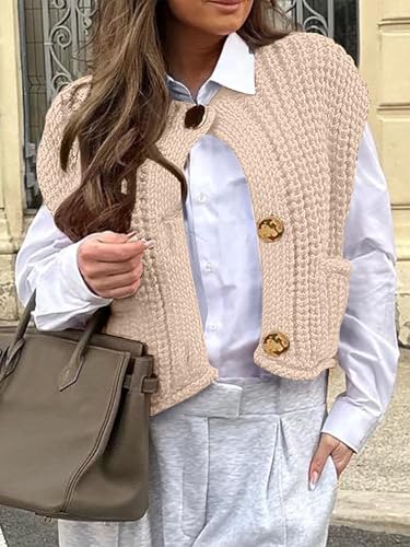ANRABESS Women Chunky Knit Sweater Vest Button Down Casual Sleeveless Cardigan with Pockets Spring Trendy Outfits 20254