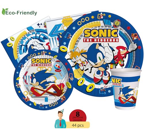 Miniatura 2 de Kit Vajilla De Fiesta Sonic The Hedgehog Para 8 Personas 44 Pcs: 8 Platos Ø23cm, 8 Platos Ø18cm, 8 Vasos 250ml, 20 Servilletas 33x33cm De Papel Compostable Eco-Friendly