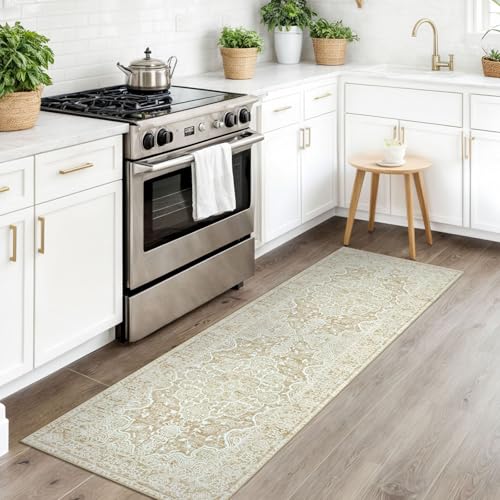 KUTA Runners for Hallways 2x6 Beige Yellow, Vintage Floral Kitchen Rugs Non-Slip Washable Runner Ultra Soft Printed Retro Distressed Entryway Carpet for Bedroom Laundry Nursery