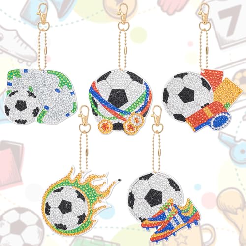 JSRQT Llaveros de Pintura de Diamantes Football DIY Pintura De Diamante Completo Llavero Fútbol Doble Cara 5D Diamante Pintura Keychain Colgante Kit para Mochila Monedero Bolso Decoración (5 Piezas)