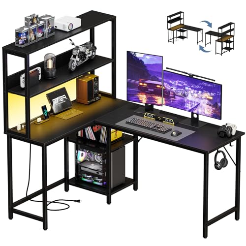 Image of DUMOS 53 inch L Shaped Gaming Desk with LED Light & USB Power Outlet, Black