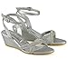 ESSEX GLAM Womens Wedge Heel Sandals Ladies Silver Diamante Sparkly Mid Heel Ankle Strap Buckle Bridal Evening Shoes 8 B(M) US
