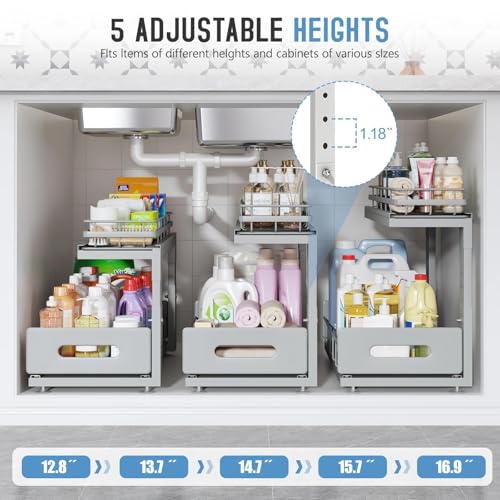 Image of Under Sink Organizer Upgrade To Professional Rails,2-Tier Dual Pull Out Cabinet Storage,Height Adjustable Slide Out Drawers For Bathroom Kitchen,2 Pack-16.7 inchDx12.8 inch-16.9 inchH,Gun Gray