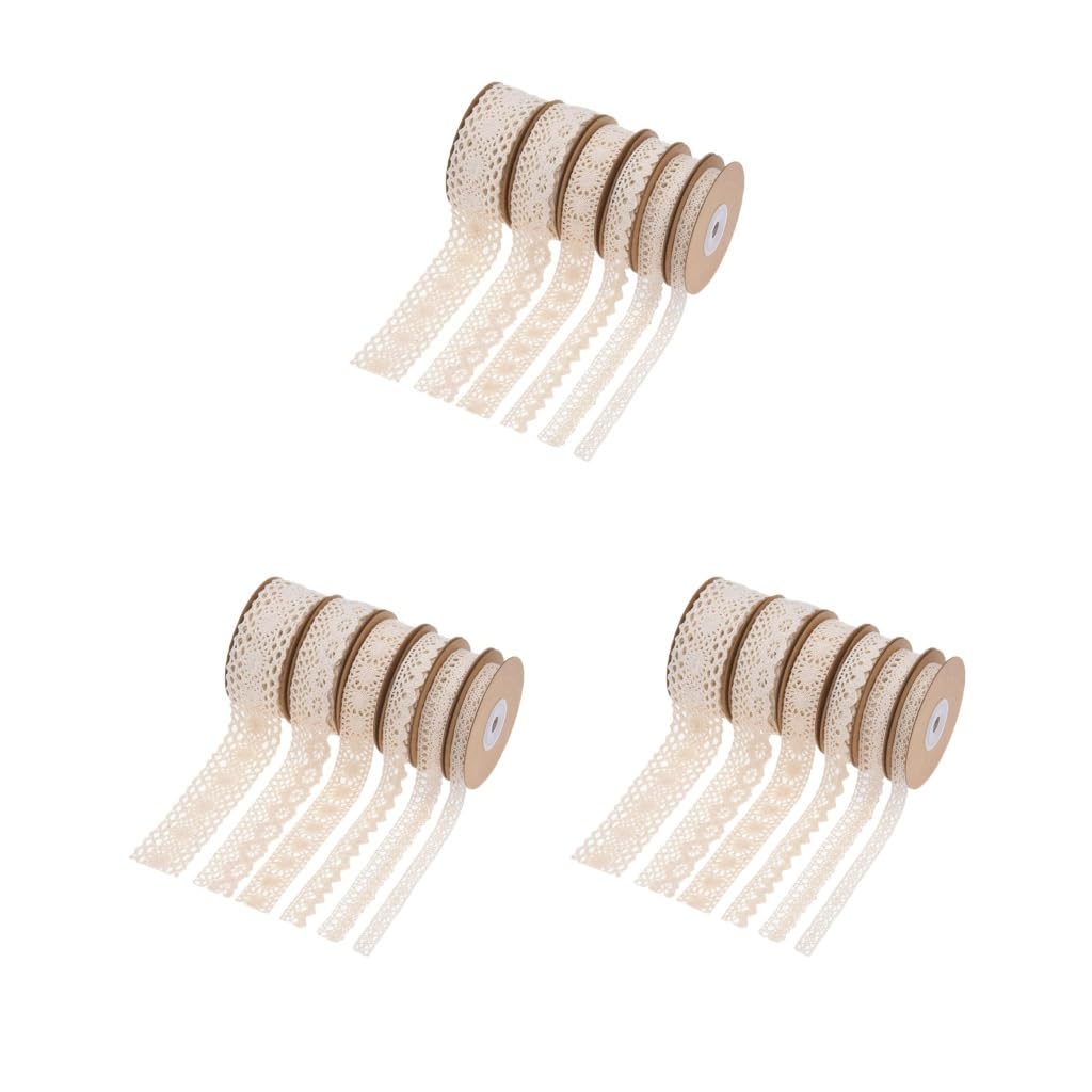 Juego de 3 cintas de tela de encaje para paquete de regalo, manualidades, ropa, mantel, beige, estilo 7