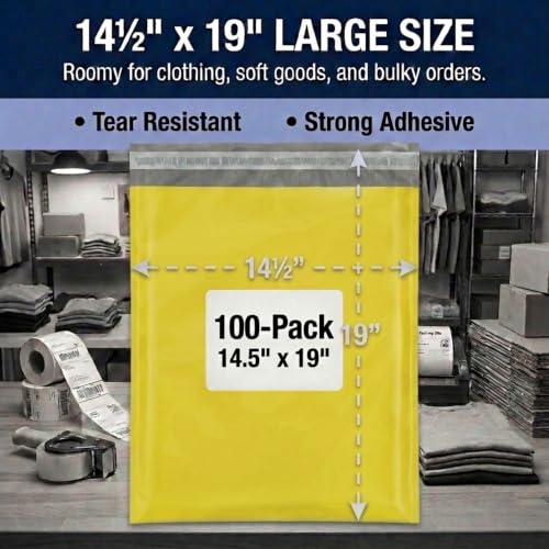 Image of BOX USA Shipping Bags 14 inch x 19 inch (100-Pack) Yellow - Large Heavy Duty Self-Adhesive Envelope Poly Mailers for Packing, Secure Shipping, & Small Business Mailing