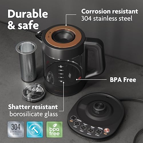 Viante-Hot-Tea-Maker-Electric-Glass-Kettle-with-tea-infuser-and-temperature-control-Automatic-Shut-off-Brewing-Programs-for-your-favorite-teas-and-Coffee-15-Liters-capacity