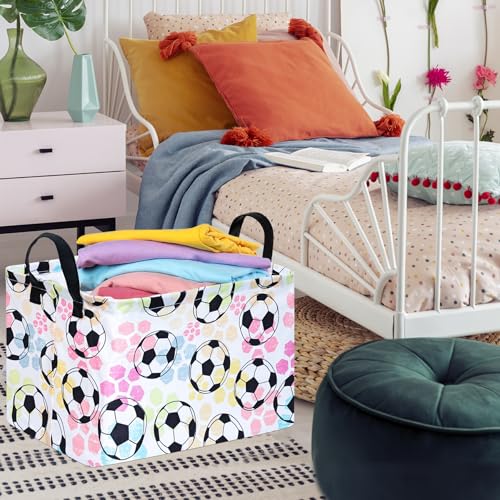 Image of Football Socer Pattern Storage Basket Gift Laundry Bins Collapsible Storage Baskets Box Laundry Nursery Hamper for Home and Office Decoration with Handles