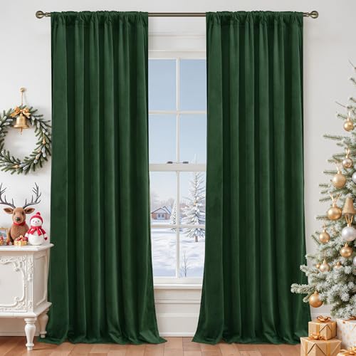 LAMIT Velvet 90 Inch Curtains for Living Room, Emerald Green Thermal Insulated Room Darkening Drapes Noise Reducing Back Tab and Rod Pocket Christmas Panels for Bedroom, Set of 2 Panels, 52 x 90 Inch