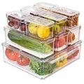Cozihom Stackable Refrigerator Organizer Bins with Lids, Fridge Organization and Storage Containers, BPA-Free Plastic Pantry Bins for Fruits, Vegetable, Drinks With Drain Tray, Set Of 10