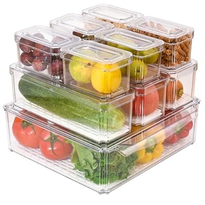 Cozihom Stackable Refrigerator Organizer Bins with Lids, Fridge Organization and Storage Containers, BPA-Free Plastic Pantry Bins for Fruits, Vegetable, Drinks With Drain Tray, Set Of 10