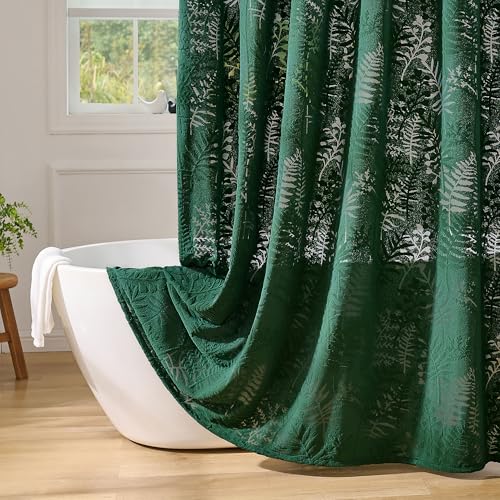 Lameirose Dark Green Shower Curtain Lace Tropical Plant Textured Shower Curtain Sheer Farmhouse Fabric Shower Curtains for Bathroom 72 x 72