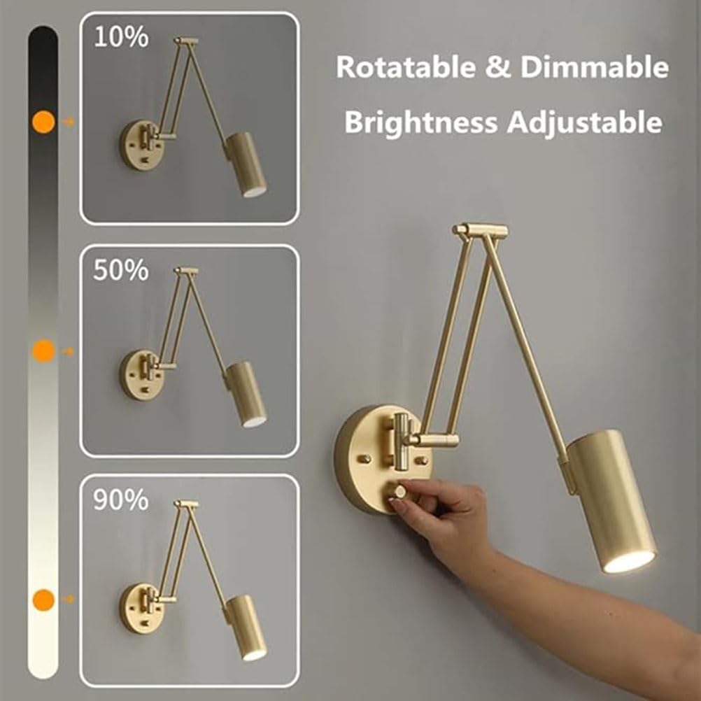 LED-Indoor-Wandlampe mit Schalter Wandleuchte Verstellbarer Schwenkarm 3000k-6000k Nacht Lampe Wand Leselampe Moderne Goldwandbeleuchtung für Schlafzimmer Wohnzimmerstudium