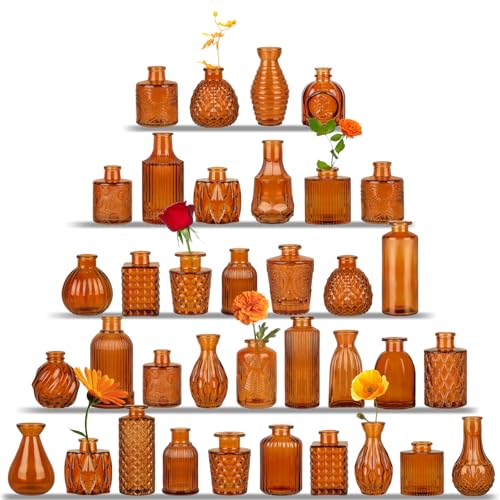 UPBUD Brown Glass Bud Vases Set of 36 Mini Flower Vase for Centerpieces Small Amber Bud Vases in Bulk for Wedding Decorations Vintage Vase for Table Recepetion Home Dcor