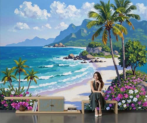 Papel Pintado Paisaje Playa Tropical Papel De Pared, Decoracion Salon Dormitorio Estilo Pintura Al Óleo Murales Póster Moderno Fotomurales Decorativos Pared, 450 X 315 Cm