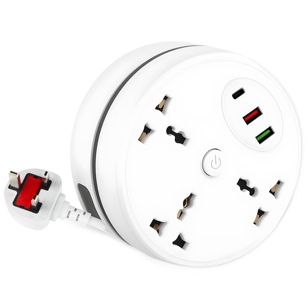 Rppiup Extension Lead With USB Slots, Security Upgrade 2.8m Plug Extension Socket With 3-Outlet Surge, 2500w 10a Multi Power Strip, 1 Pd+2 USB Ports, Rollable Retractable Travel Extension Lead