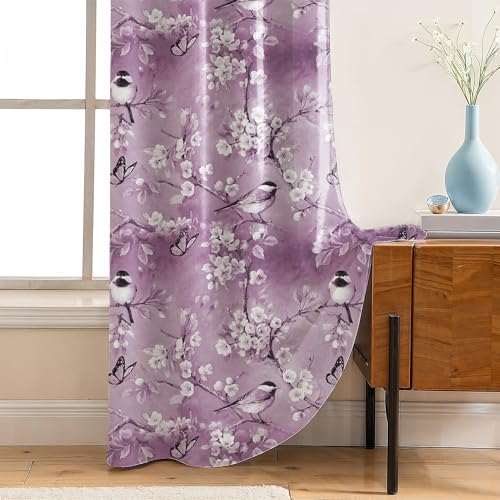 Image of LINENWALAS Printed Blackout Curtains for 5 Feet Window | Set of 2 | Charming Bird & Floral Drapes | Thermal Insulated, Room Darkening Panels with Grommet Hanging for Living Room (Lilac Blossom)
