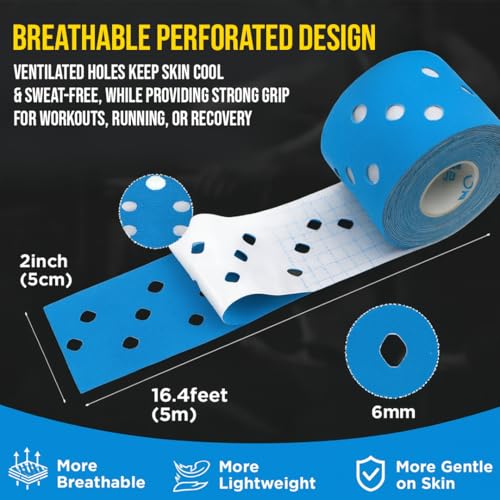 Image of PulseITSportsTape Kinesiology Tape- Waterproof & Sweatproof Tape for Muscle Support, Pain Relief & Injury Recovery | Athletic Physio Tape for Knee, Shoulder, Ankle. 5cm x 5m (with Holes, Light Blue)