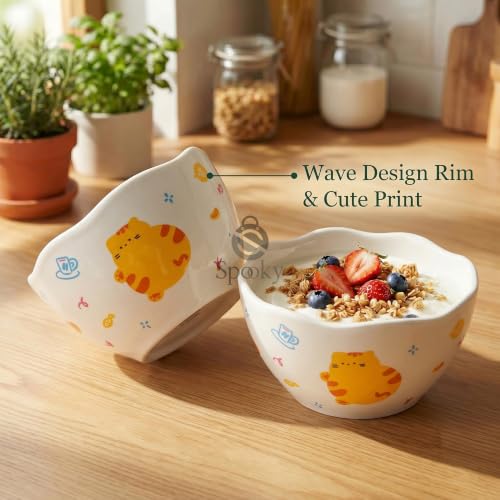 Image of Spooky Cute Ceramic Cereal & Soup Bowls (420ml) | Bowls with Top Waving Design | Microwave Safe Serving Bowls for Ramen, Noodles, Salad, Rice & Breakfast | Katori /Bati /Pyala (Set of 4, Yellow Cat)