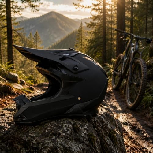 Image of Matte Black Motocross Helmet Extended Visor Full-Face Cycling Helmet Chin Guard Motorcycle Gear Ventilated, L|Helmets Motors