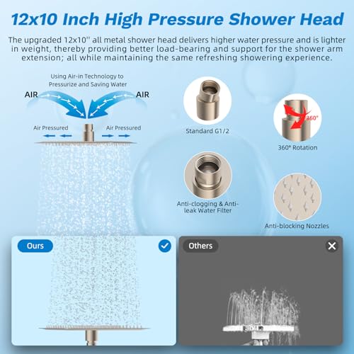 Image of Hibbent High Pressue All Metal 12 inch Rainfall Shower Head, Handheld 10-Spray | cUPC Certified Brushed Nickel Dual Showerhead Combo, 4-way Diverter with Pause Mode, Brass Extension Arm, 71'' Hose & Holder