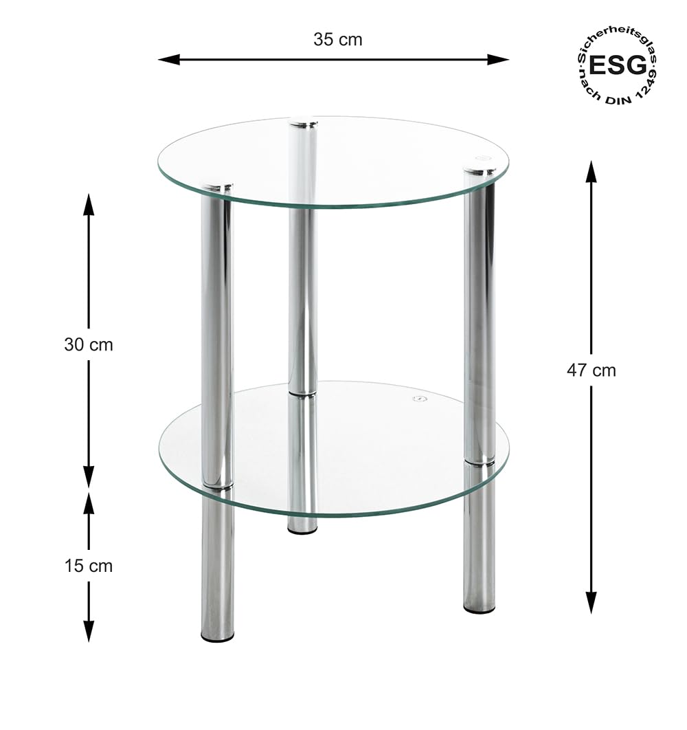 HAKU Table d'appoint Ronde, Chrome, métal, Table Basse avec Plateau en Verre trempé - Dimensions : H 47 cm x Ø 35 cm, Style : Moderne