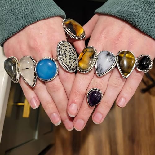 Handmade 10 Pcs Adjustable Gemstone Ring Set for Women, Silver Plated Fashion Boho Knuckle Rings, Vintage Gothic Statement Jewelry Gift Pack2
