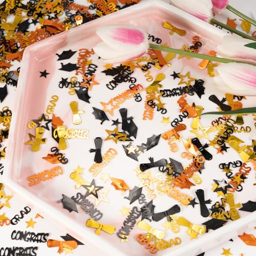Image of Orange Gold and Black Graduation Confetti 2026, 1000 Pcs Congrats Grad Confetti Class of 2026 Party Table Centerpiece for 2026 Graduation Party Decorations