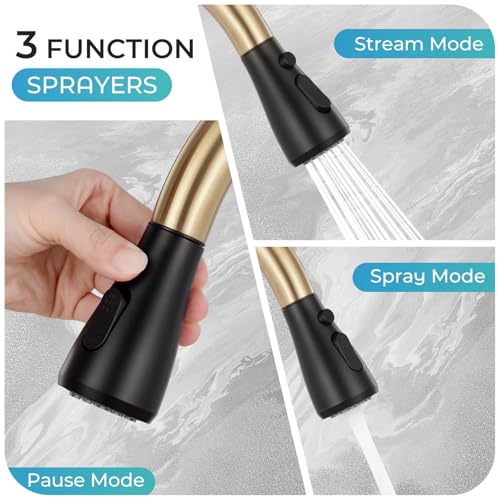 Image of Kitchen Faucet with Pull Down Sprayer - Black & Gold Single Handle Kitchen Faucets, High Arc Stainless Steel Pull Out Kitchen Sink Faucet with Deck for RV Laundry Farmhouse Bar