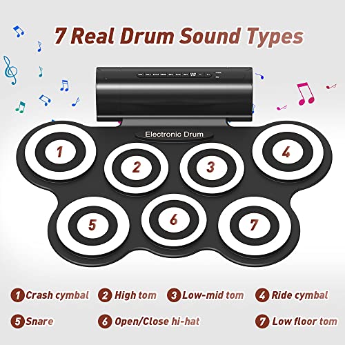 7 Pads Electronic Drum Set, Electric Drum Pad Roll-Up Drum Practice Pad Drum Kit Built-In Speaker With Drum Pedals Drum Sticks 10 Hours Playtime, Great Holiday Birthday Gift For Kids-White #TOP2