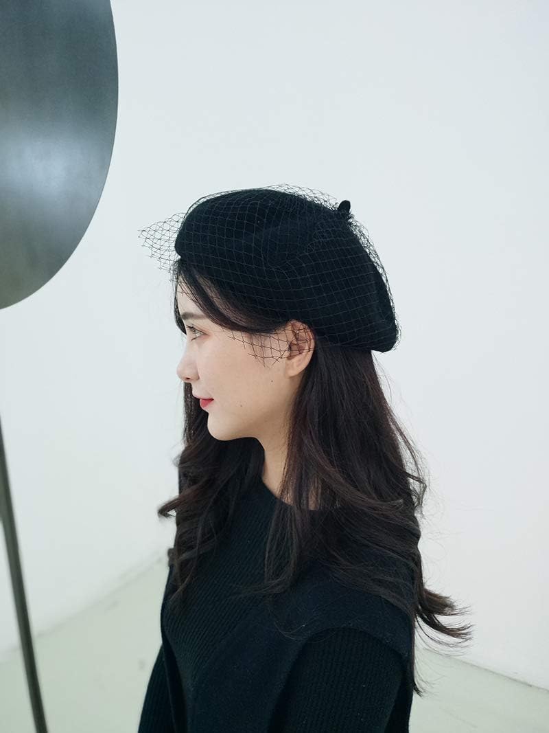 CRIZAN Women's Fur Beret for Ladies Wool French Beret Solid Color Beanie Cap Hat with Netting (Black) - Image 4