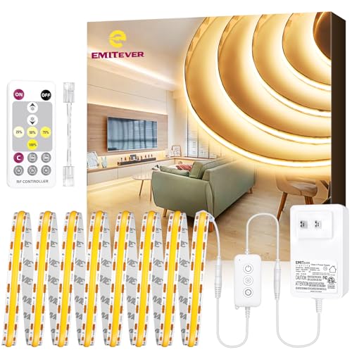 Image of EMITEVER COB LED Strip Lights Kit Warm White with Remote & 24V Power Supply,16.4ft Dimmable Tape Light 3000K, High Density 2400LEDs, 305+LM /FT, CRI90+, Suitable for Bedroom Kitchen Cabinet Lighting