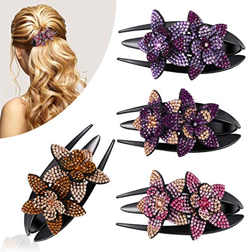 4 Pieces Rhinestone Double Flower Hair Clip Rhinestone Crystal Flower Hairpin Barrettes Glitter Crystal Hair Comb Claw for Women Girls Thick Long Hair (3.5 x 2 Inch)