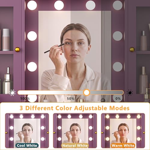 Image of HUANLEGO Purple Vanity Desk with Mirror and Lights for Girls Women | Makeup Vanity Mirror with Lights, LED RGB Lights Strip, Power Outlet, 7 Drawers, 2 Storage Cabinets, 3 Color Modes Adjustable